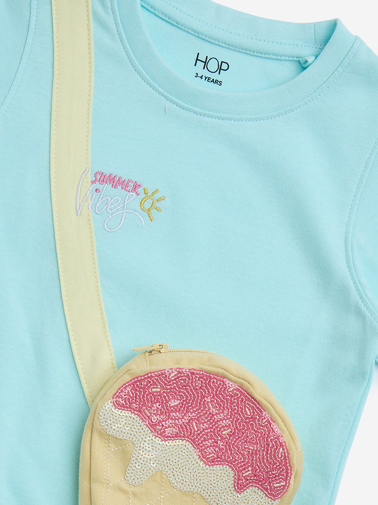 Westside HOP Kids Girls' Aqua Pouch-Detailed Cotton T-Shirt for Casual Wear Zoom View