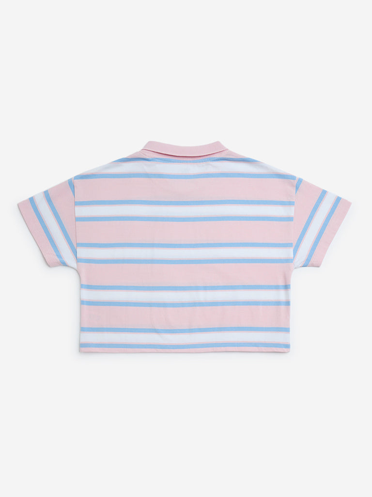 Tシャツ・カットソー ^LEATHERY^ Slim fit striped top PINK LRTS4353PK PINK SIDE SLIT COTTON T-SHIRT WITH REFLECTIVE PATCH PRINTED
