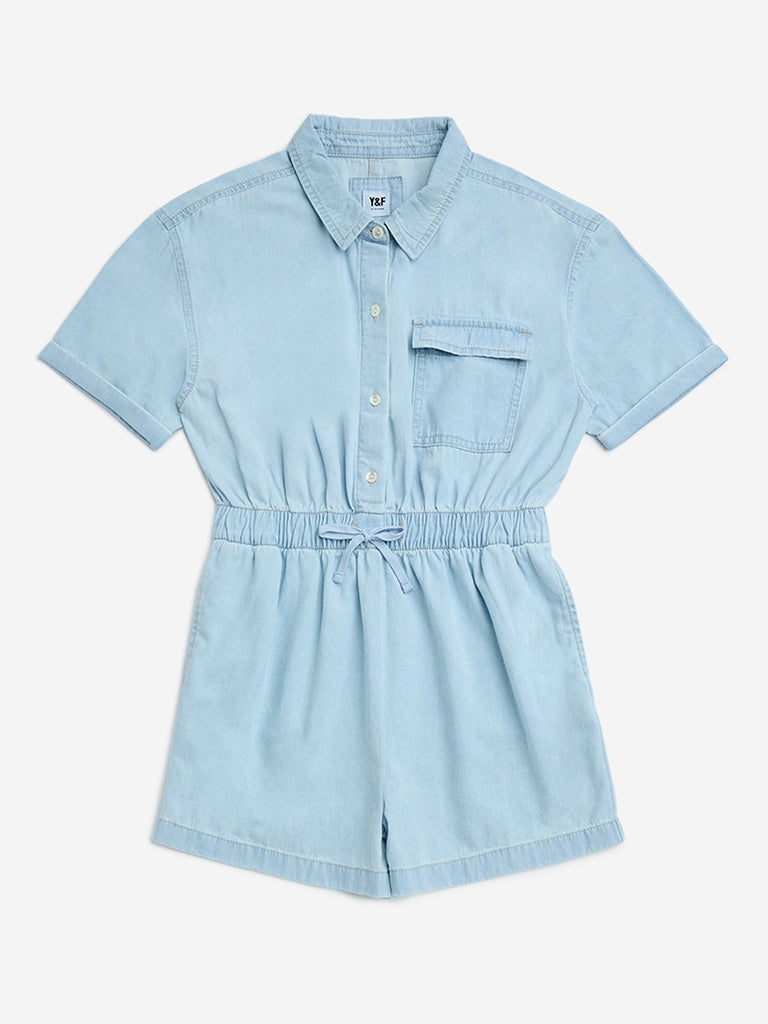Buy Y&F Kids Light Blue Denim Playsuit from Westside