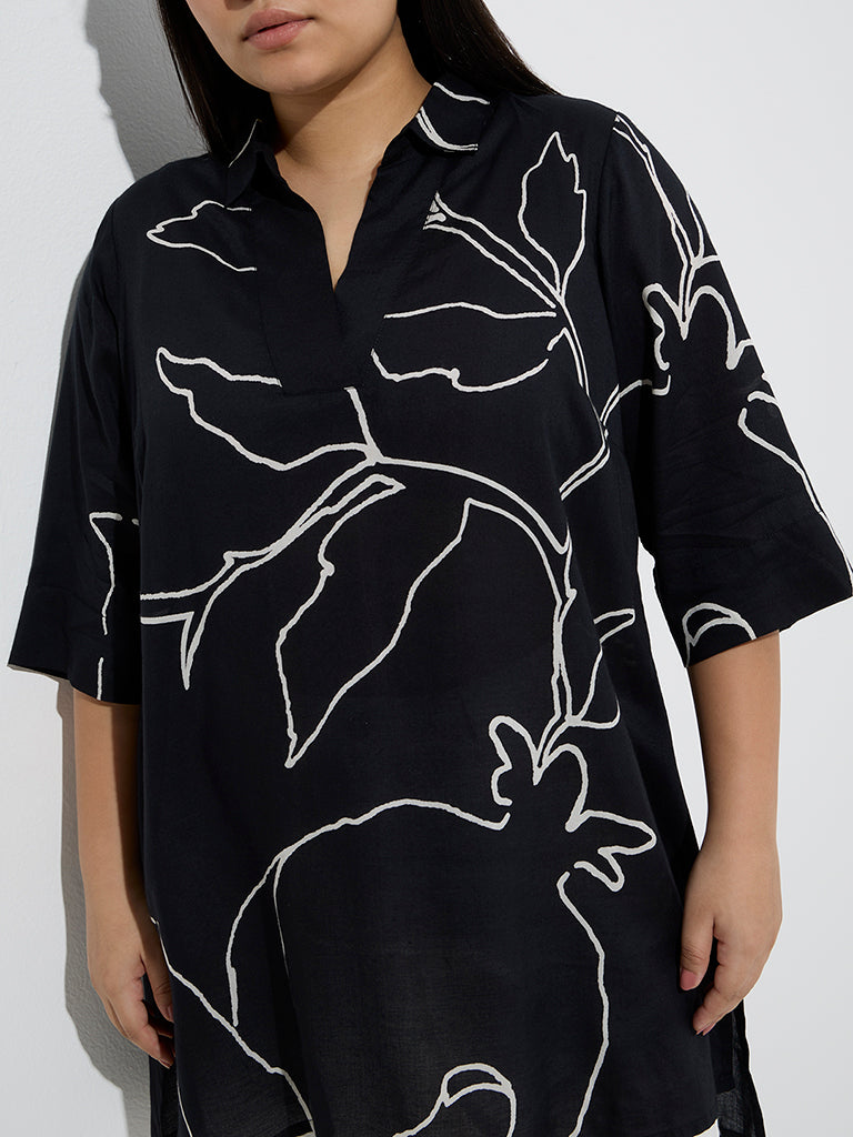 Westside Diza Women's Black Botanical Design Kurti for Work Wear Zoom View