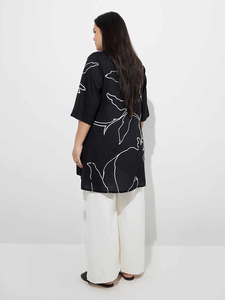 Westside Diza Women's Black Botanical Design Kurti for Work Wear Back View