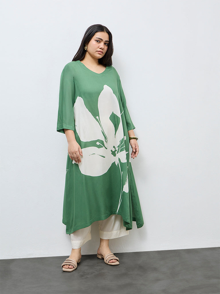 Diza Green Floral Printed A-Line Kurta