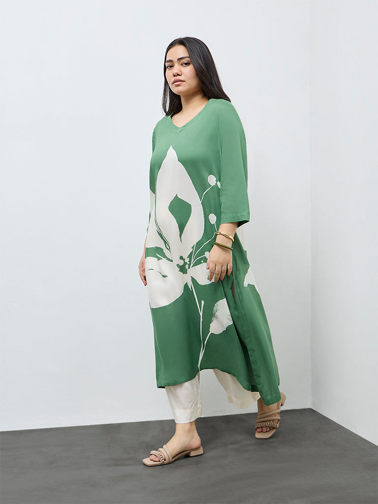 Diza Green Floral Printed A-Line Kurta