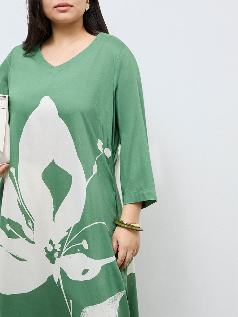 Diza Green Floral Printed A-Line Kurta