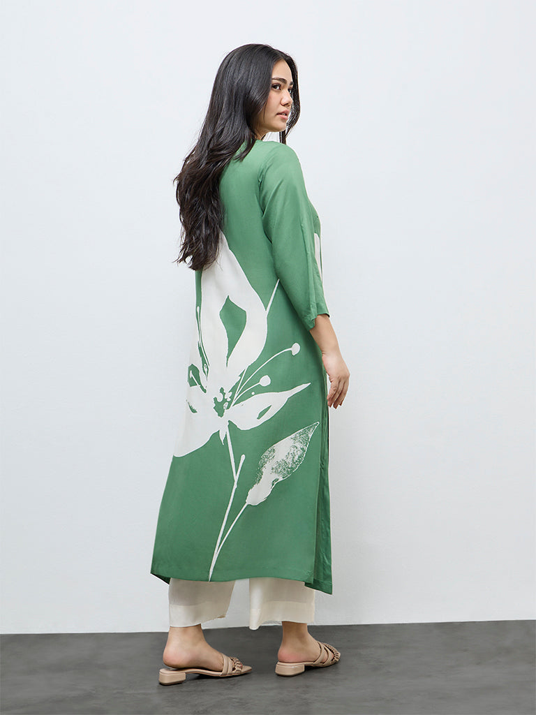 Diza Green Floral Printed A-Line Kurta