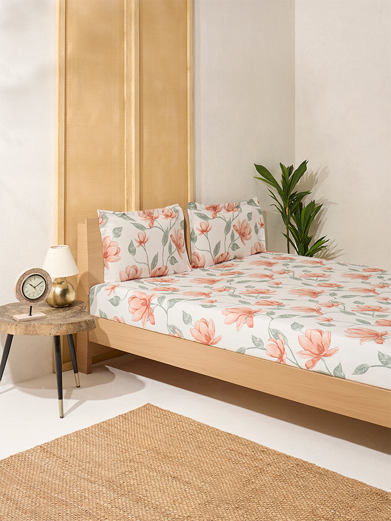 Westside Home Peach Botanical Design Queen Bed Flat Sheet and Pillowcase Set