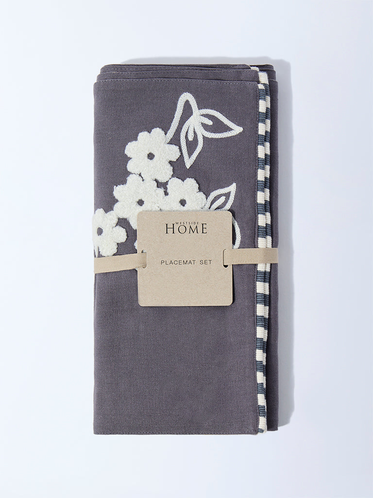 Westside Home Grey Floral Embroidered Placemats (Set of 4)