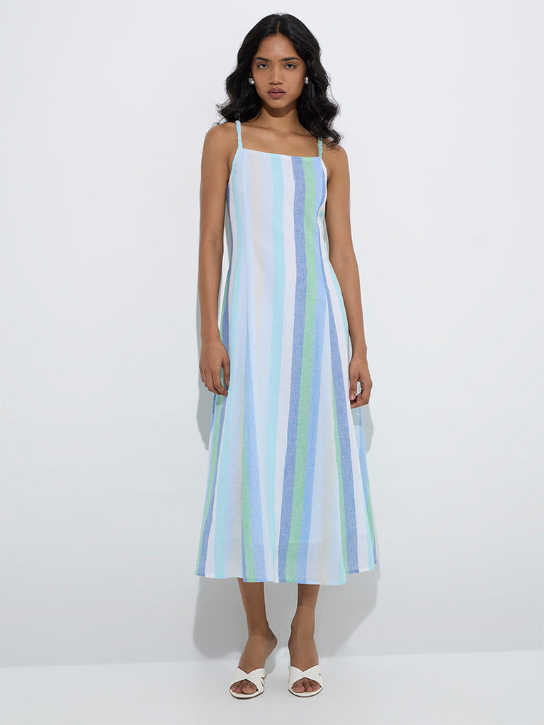 westisde LOV Women's Blue Striped Cotton-Blend A-Line Dress for Casual Wear Full Model View