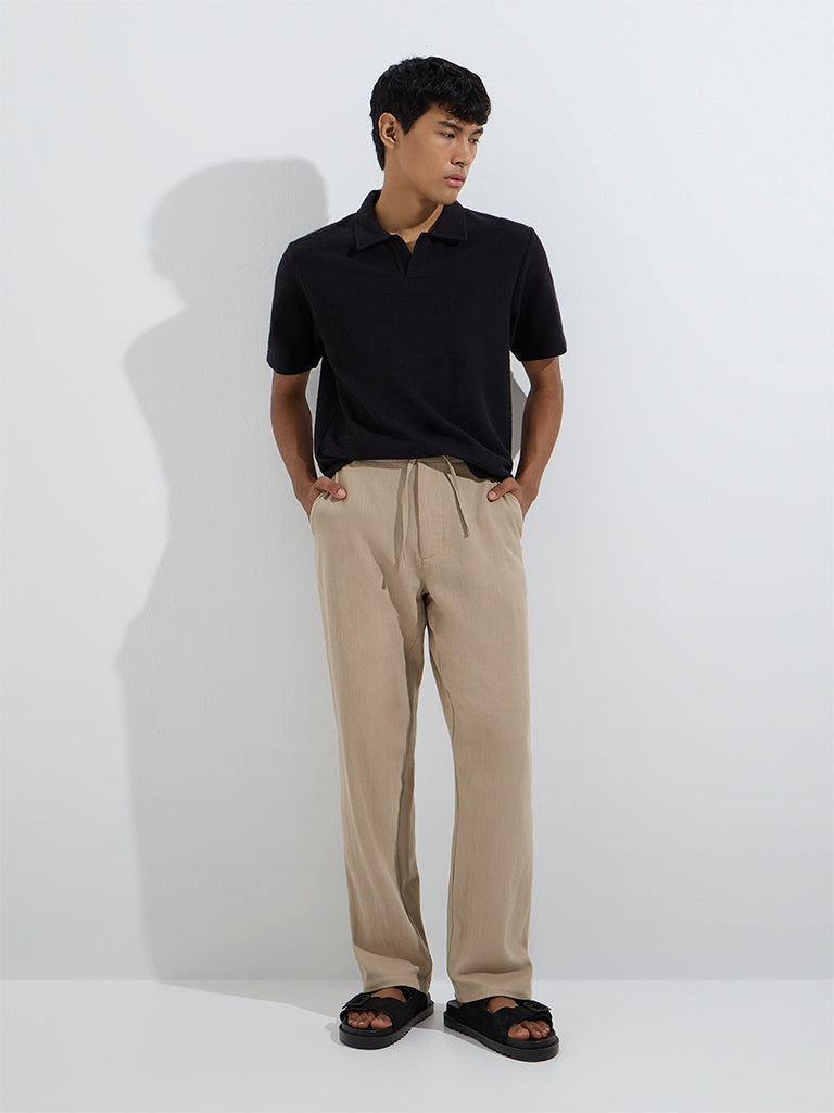 Westside ETA Men's Taupe Relaxed-Fit Mid-Rise Cotton-Blend Chinos for Casual Wear Full Model View
