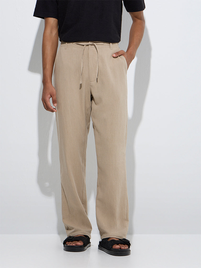 Westside ETA Men's Taupe Relaxed-Fit Mid-Rise Cotton-Blend Chinos for Casual Wear Front View