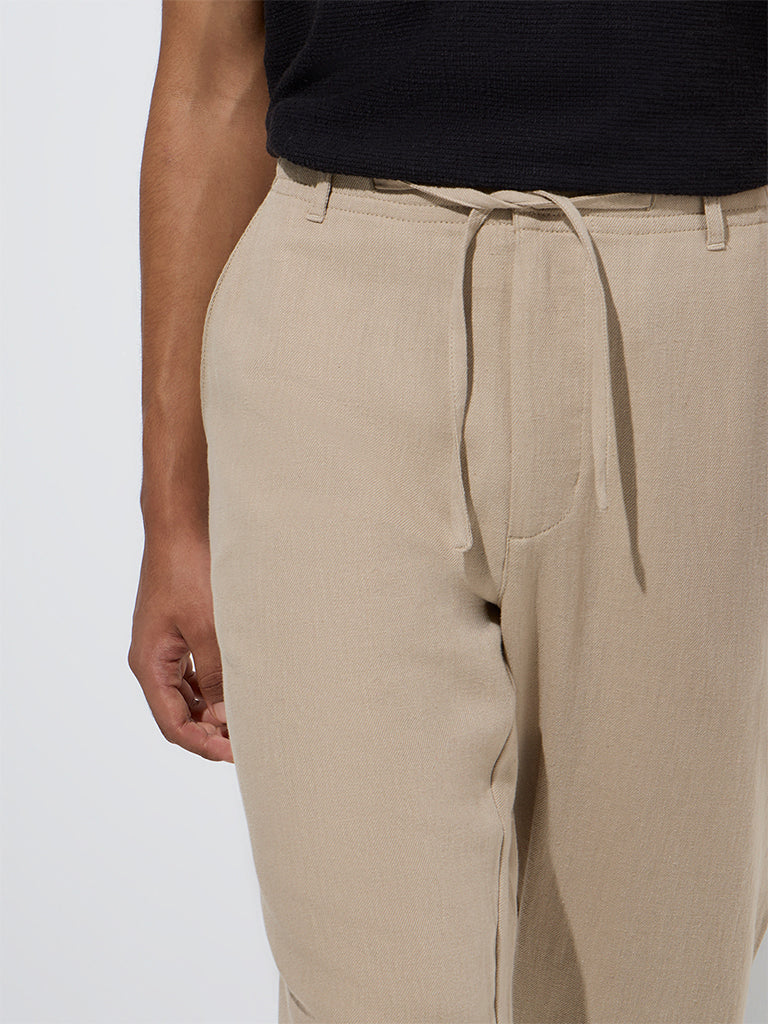Westside ETA Men's Taupe Relaxed-Fit Mid-Rise Cotton-Blend Chinos for Casual Wear Zoom View