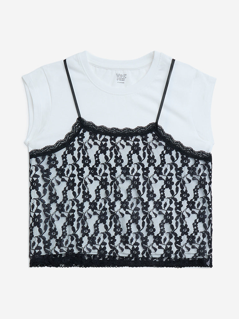 Buy Y&F Kids White Lace Detailed Cotton T-Shirt from Westside
