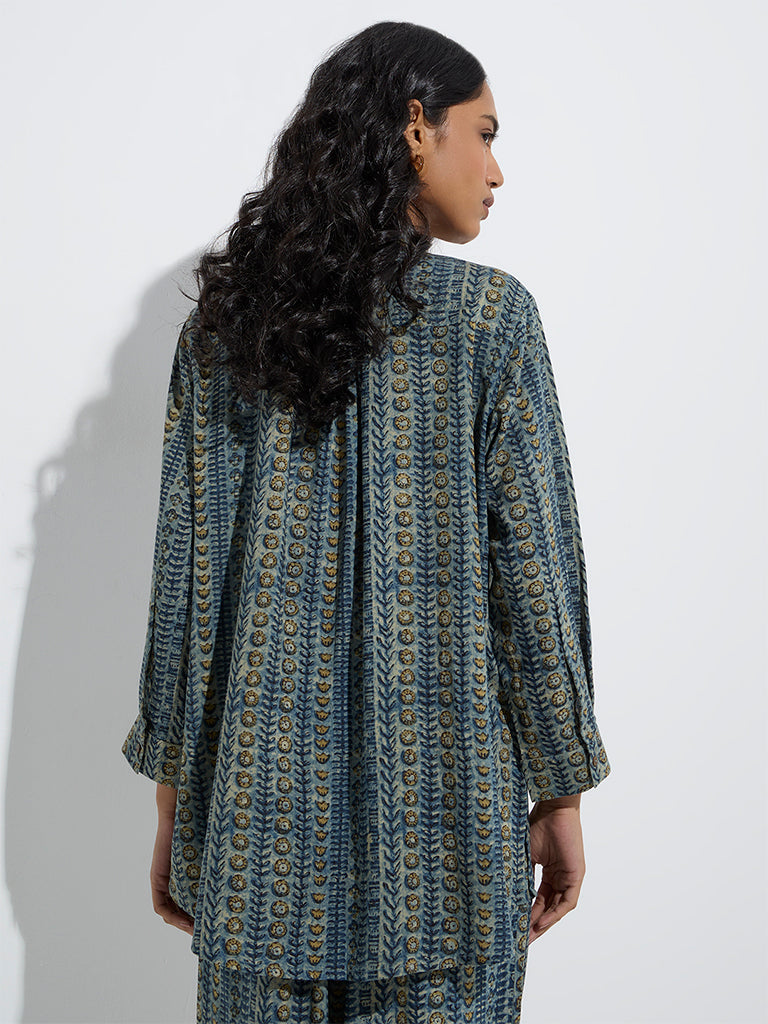 Westside Utsa Women's Indigo Foliage Pattern Kurti for Everyday Back View