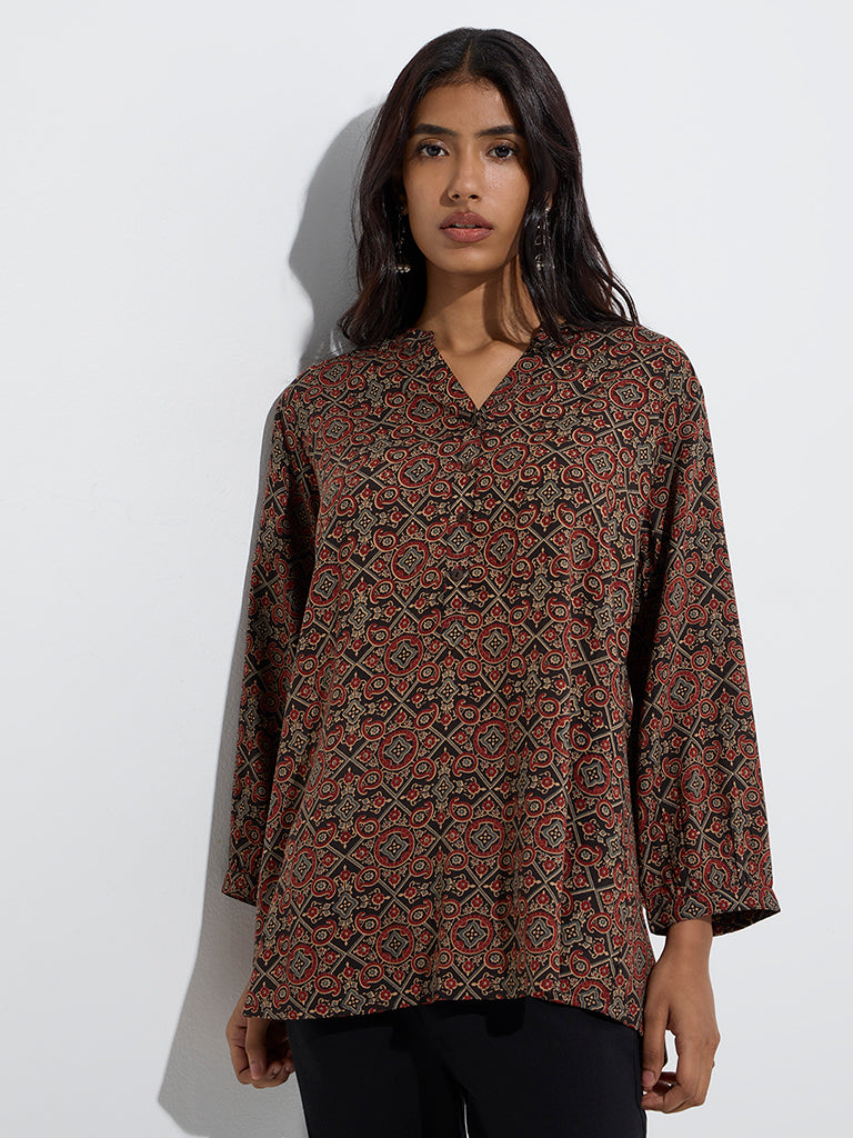 Westside Utsa Women's Red Printed Cotton-Blend Tunic for Everyday Front View