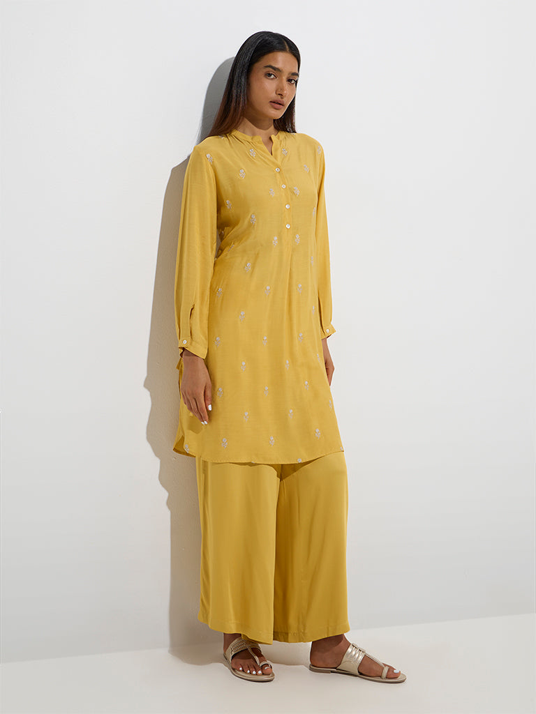 Westside Zuba Women's Mustard Floral Embroidered A-Line Kurta for Work Wear Front View
