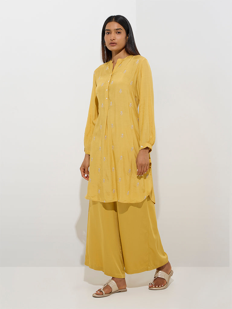 Westside Zuba Women's Mustard Floral Embroidered A-Line Kurta for Work Wear Full Model View