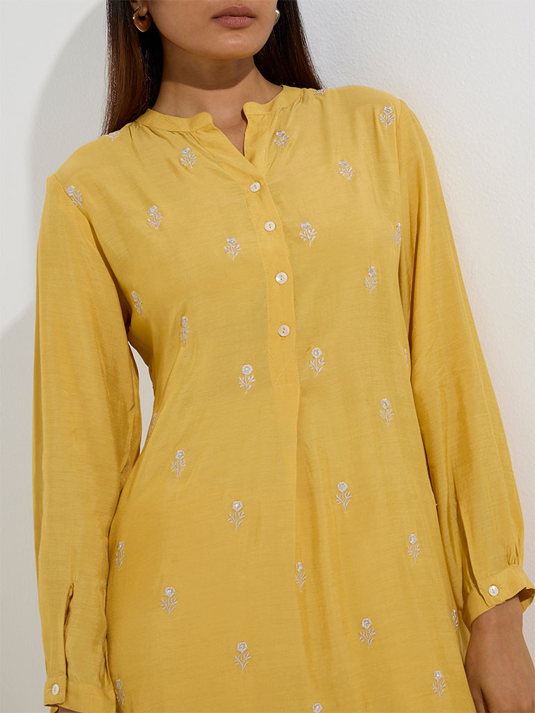 Westside Zuba Women's Mustard Floral Embroidered A-Line Kurta for Work Wear Zoom View