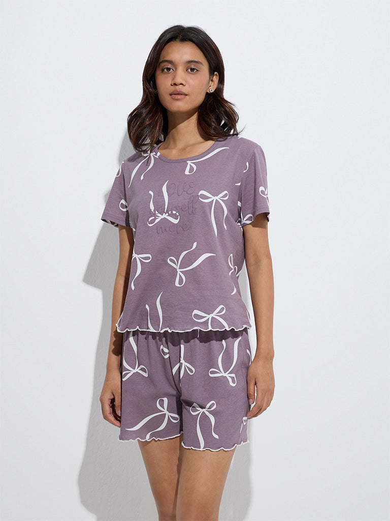 Wunderlove Purple Printed Cotton T-Shirt and Shorts Set In A Bag