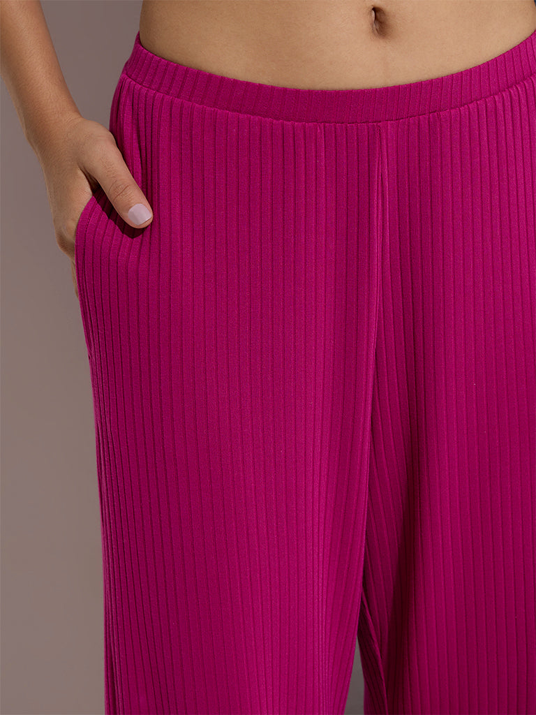 Wunderlove Fuchsia Ribbed-Textured High-Rise Pants