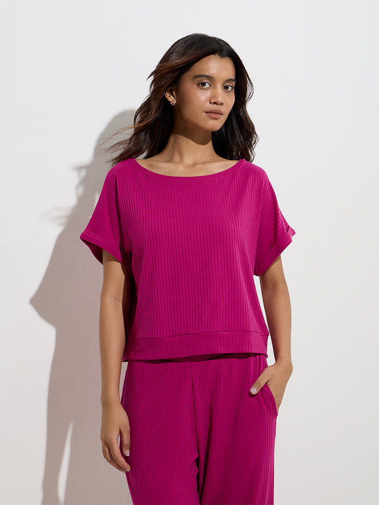 westisde Wunderlove Women's Fuchsia Ribbed-Textured T-Shirt for Casual Wear Front View