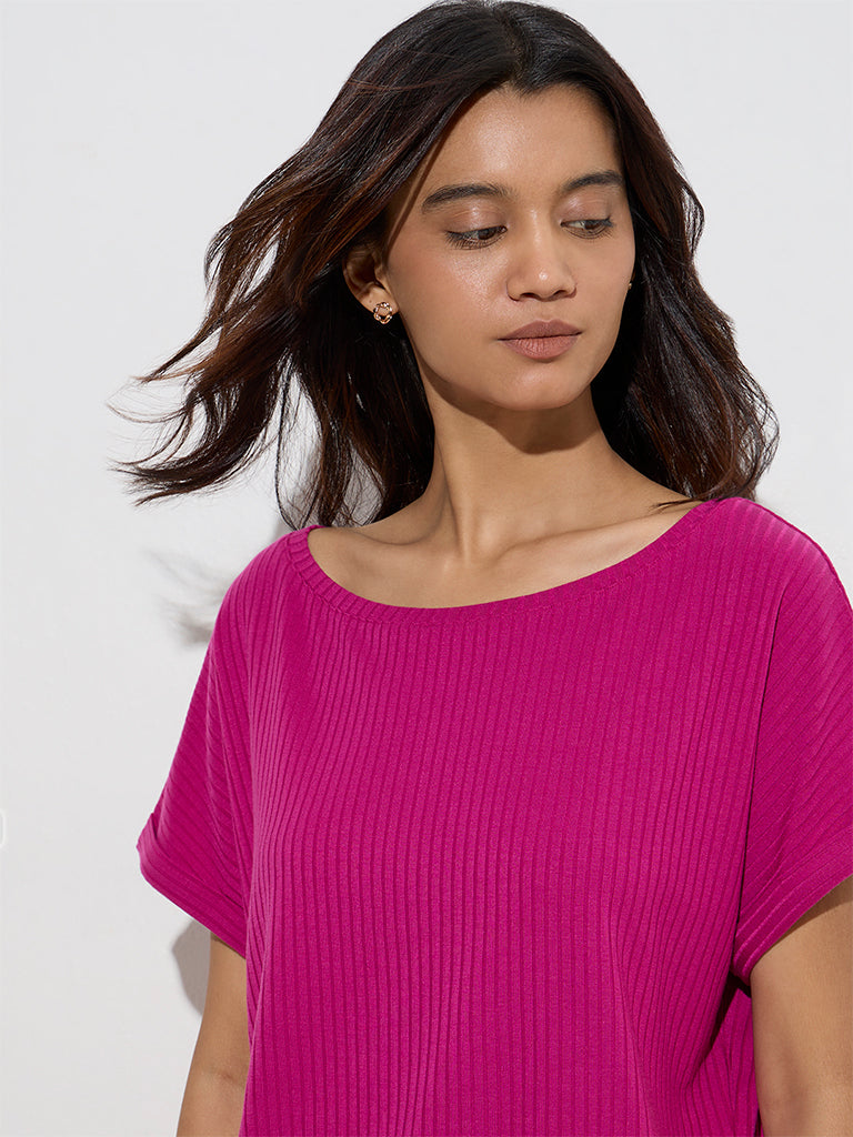westisde Wunderlove Women's Fuchsia Ribbed-Textured T-Shirt for Casual Wear Zoom View