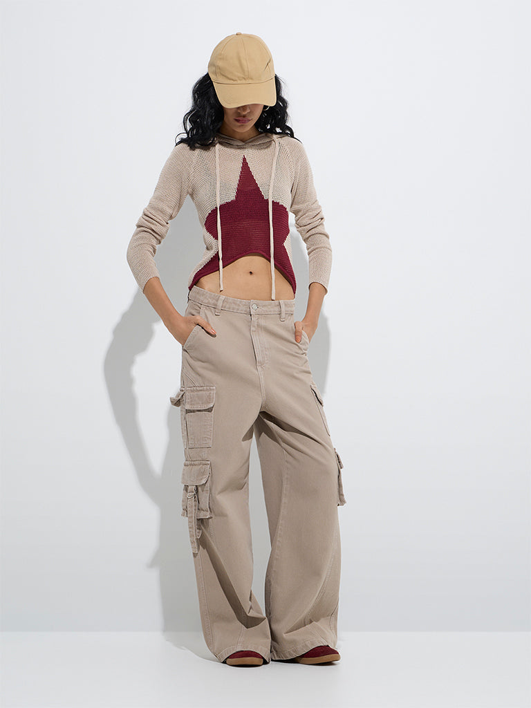 Nuon Beige Knit-Textured Cotton Top