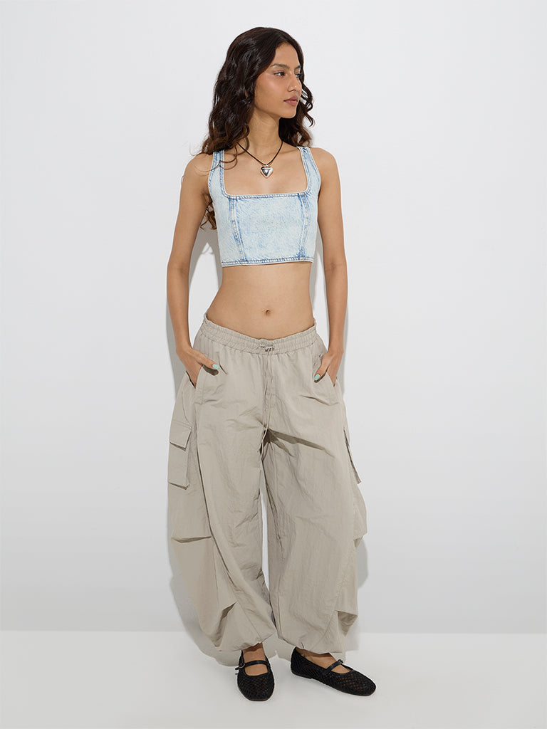 Westside Nuon Women's Light Blue Denim Crop Top for Casual Wear Front View