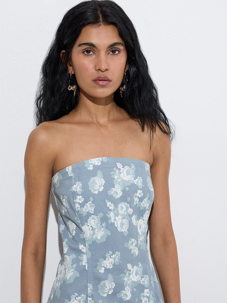 Westside Nuon Women's Blue Floral Design Denim Tube Dress for Casual Wear Zoomed View