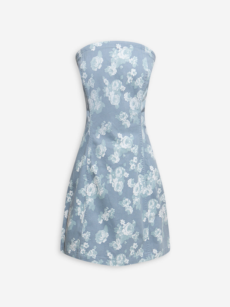 Westside Nuon Women's Blue Floral Design Denim Tube Dress for Casual Wear Flatly