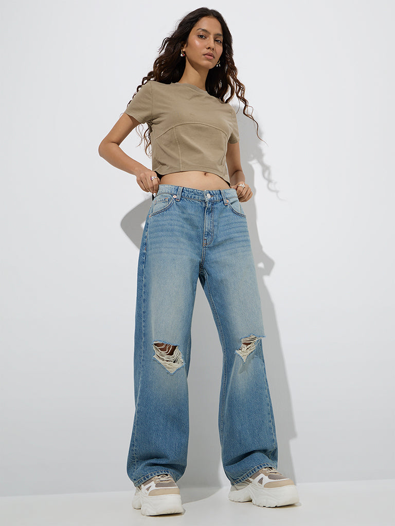 Westside Nuon Women's Blue Distressed Relaxed-Fit High-Rise Jeans for Casual Wear Full Model View