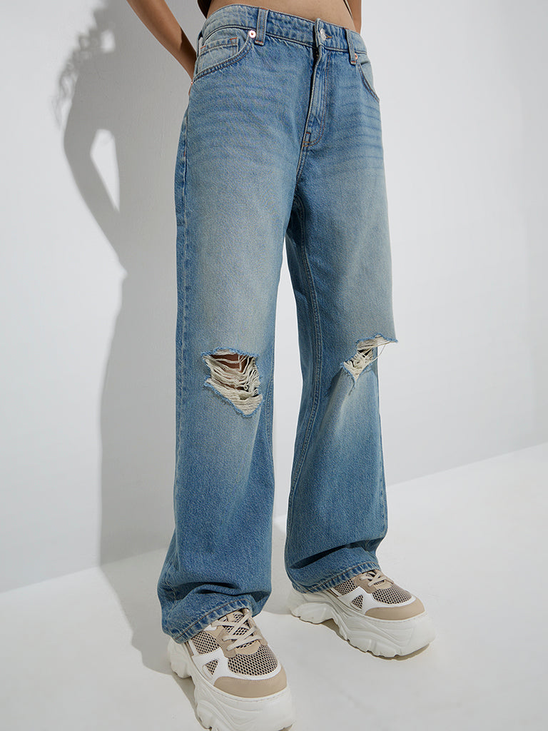 Westside Nuon Women's Blue Distressed Relaxed-Fit High-Rise Jeans for Casual Wear Front View