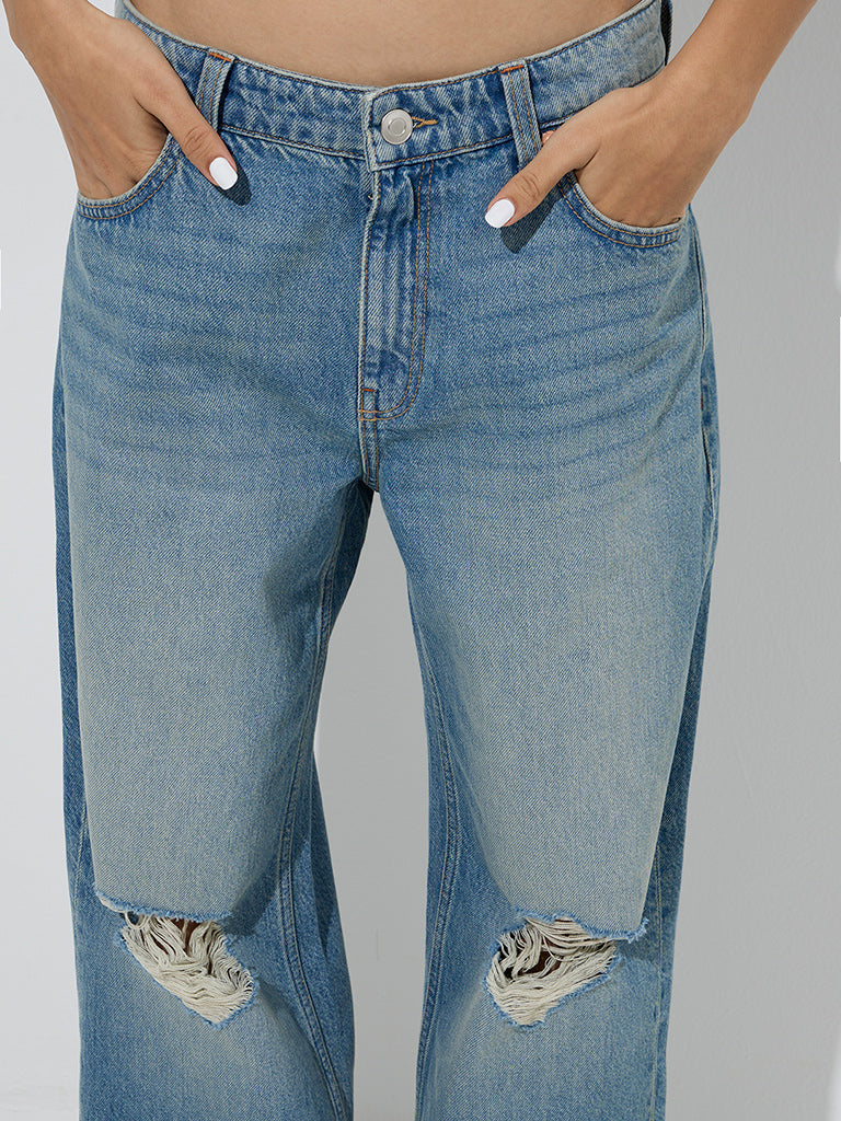 Westside Nuon Women's Blue Distressed Relaxed-Fit High-Rise Jeans for Casual Wear Zoom View