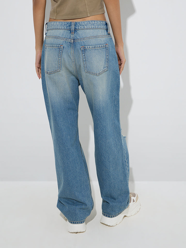Westside Nuon Women's Blue Distressed Relaxed-Fit High-Rise Jeans for Casual Wear Back View