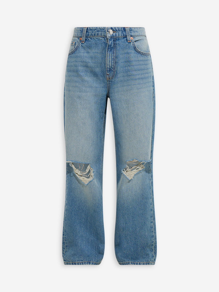 Westside Nuon Women's Blue Distressed Relaxed-Fit High-Rise Jeans for Casual Wear Flatly View
