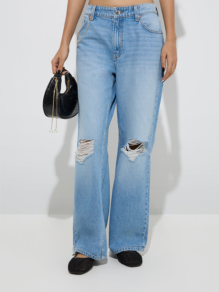Westside Nuon Women's Light Blue Distressed Relaxed-Fit High-Rise Jeans for Casual Wear Front View