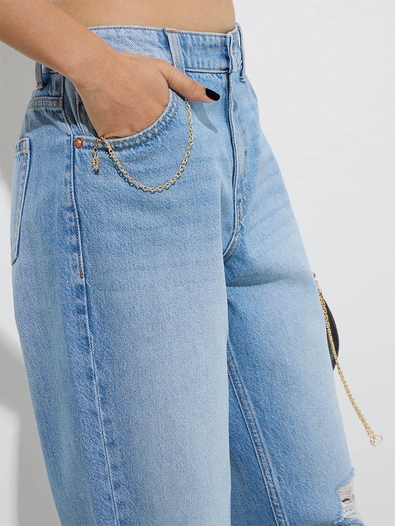 Westside Nuon Women's Light Blue Distressed Relaxed-Fit High-Rise Jeans for Casual Wear Zoom View