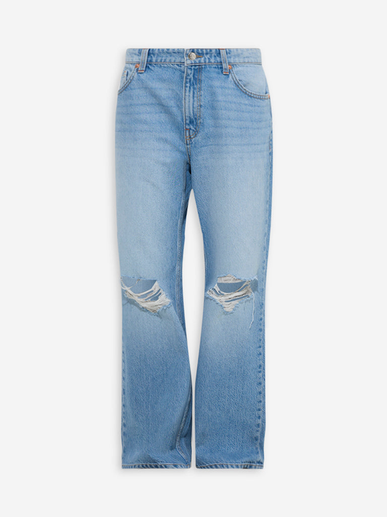Westside Nuon Women's Light Blue Distressed Relaxed-Fit High-Rise Jeans for Casual Wear Flatly View