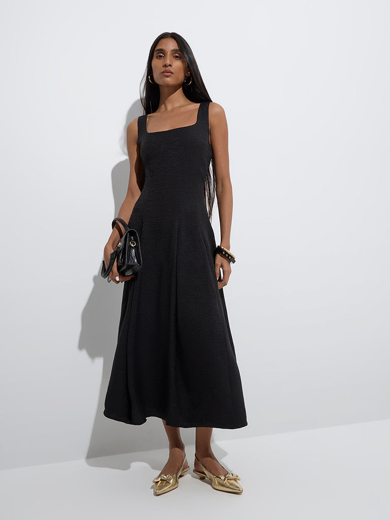 Buy Wardrobe Black Solid A-Line Dress from Westside