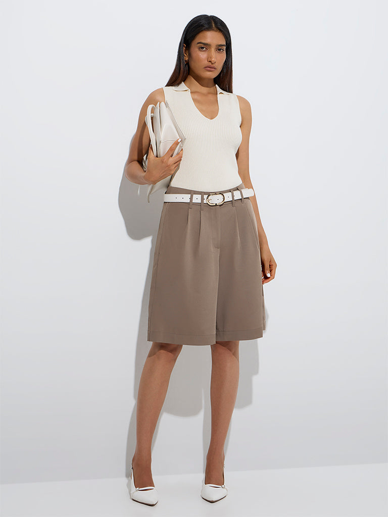 Westside Wardrobe Women's Taupe High-Rise Shorts for Work Wear Full View