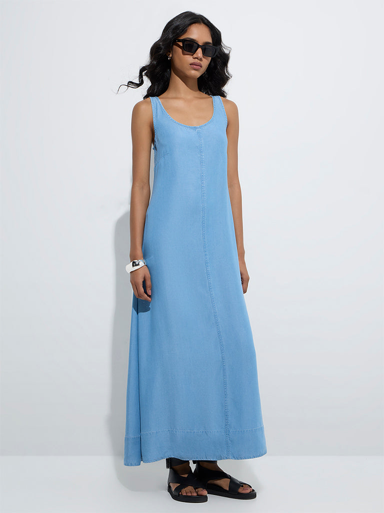 Westside LOV Women's Blue Denim A-Line Dress for Casual Wear Full Model View