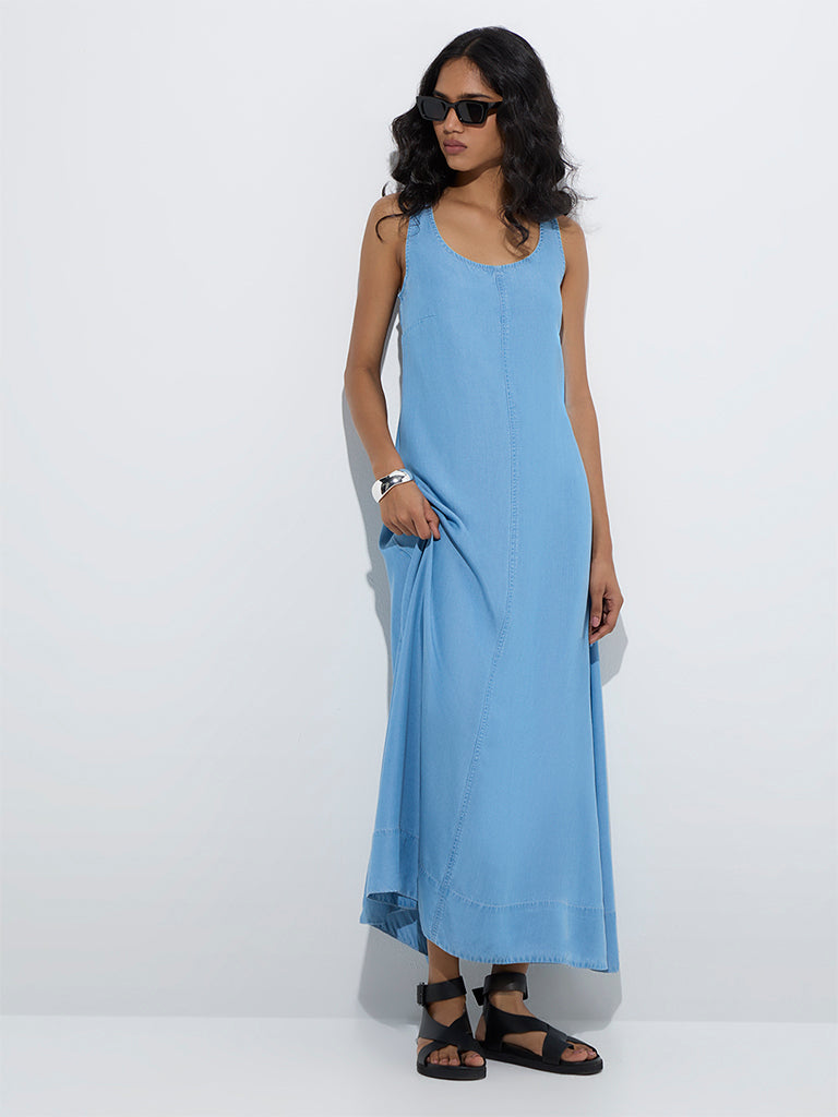 Westside LOV Women's Blue Denim A-Line Dress for Casual Wear Front View