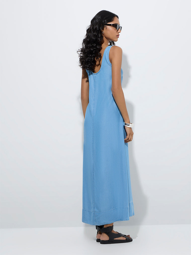 Westside LOV Women's Blue Denim A-Line Dress for Casual Wear Back View