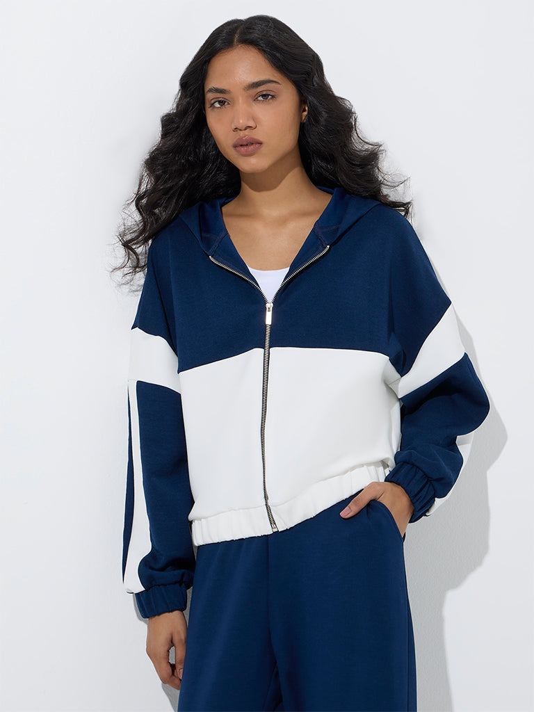Westside LOV Women's Navy Colour Blocked Jacket for Casual Wear Front View