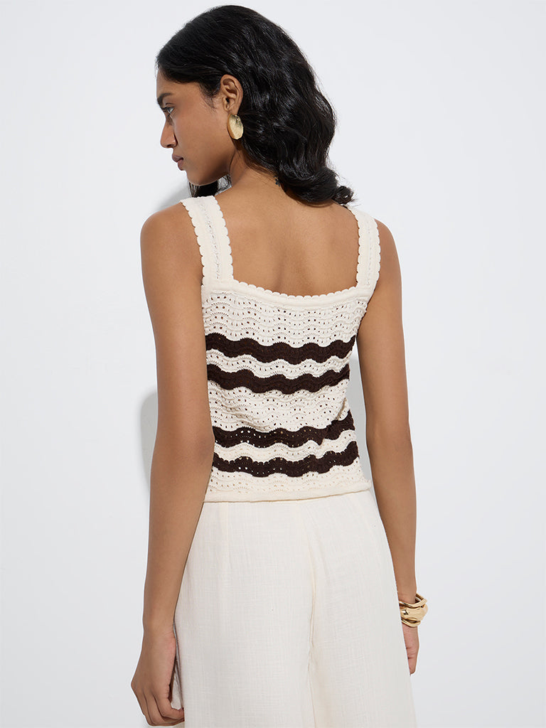 Westside LOV Women's Off-White Crochet-Detailed Cotton-Blend Top for Casual Wear Back View
