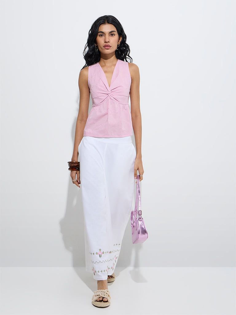 Westside Bombay Paisley Women's White Embroidered Cotton-Blend Palazzos for Everyday Full Model View