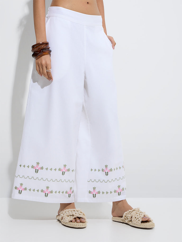 Westside Bombay Paisley Women's White Embroidered Cotton-Blend Palazzos for Everyday Front  View