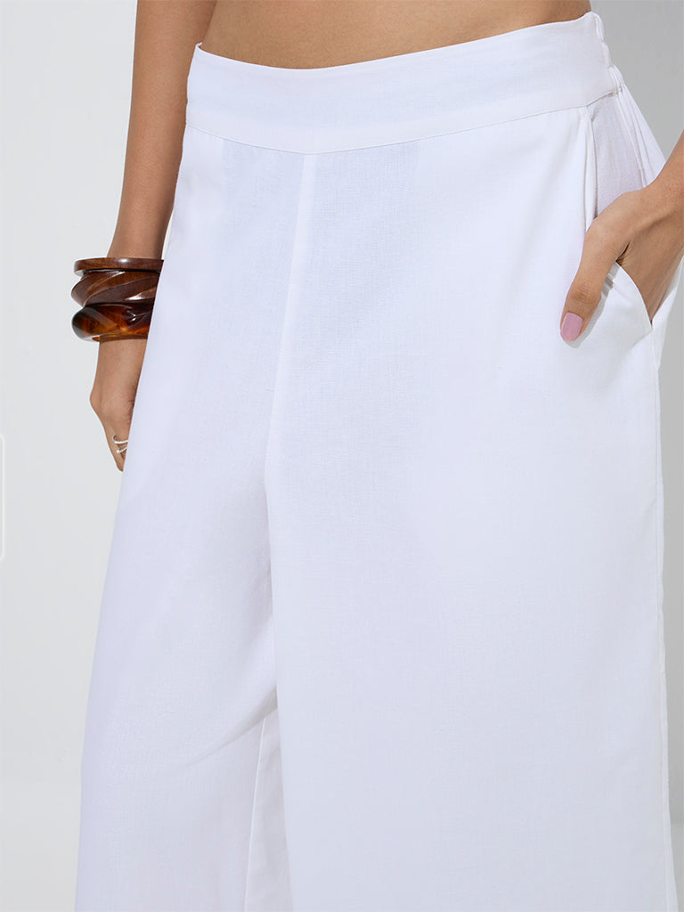 Westside Bombay Paisley Women's White Embroidered Cotton-Blend Palazzos for Everyday Zoom View