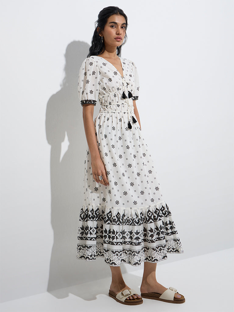 Westside Bombay Paisley Women's White Floral Design Cotton Tiered Dress for Everyday Full Model View