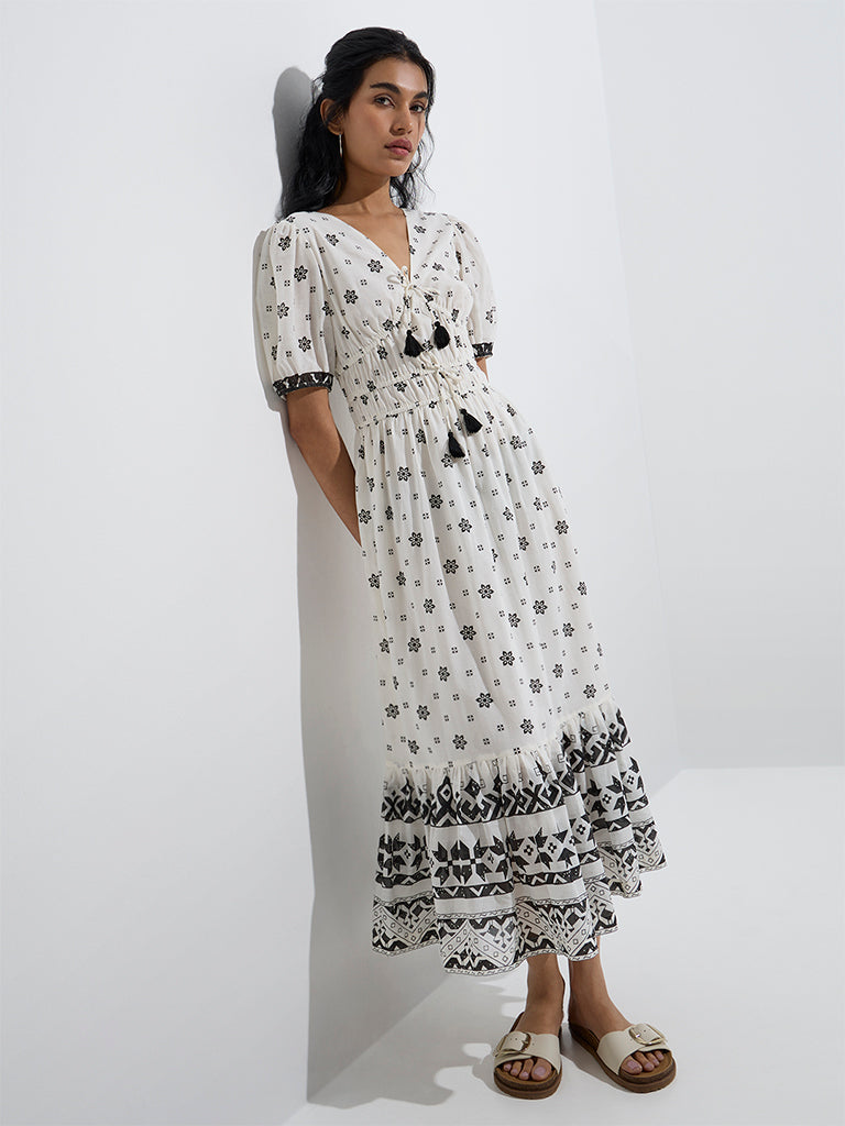 Westside Bombay Paisley Women's White Floral Design Cotton Tiered Dress for Everyday Front View