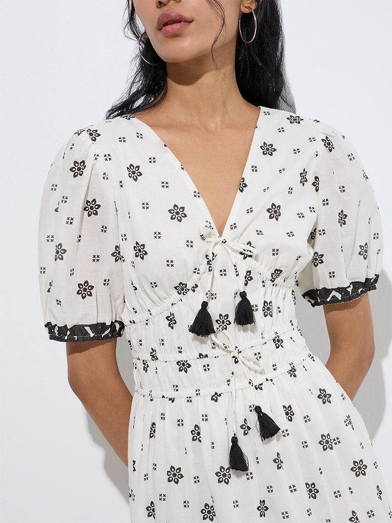 Westside Bombay Paisley Women's White Floral Design Cotton Tiered Dress for Everyday Zoom View